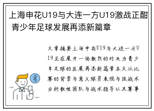 上海申花U19与大连一方U19激战正酣 青少年足球发展再添新篇章